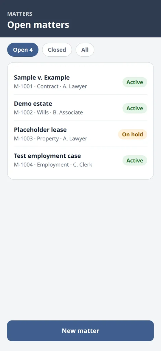 An illustrative phone screen of a legal practice application: a list of four open matters
