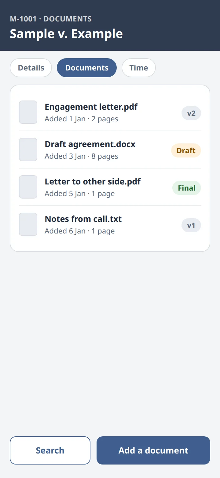 An illustrative documents tab for one matter, with four sample documents and their versions