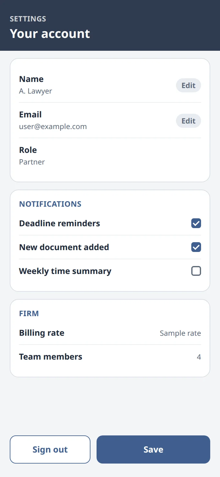 An illustrative settings screen with account details and notification choices