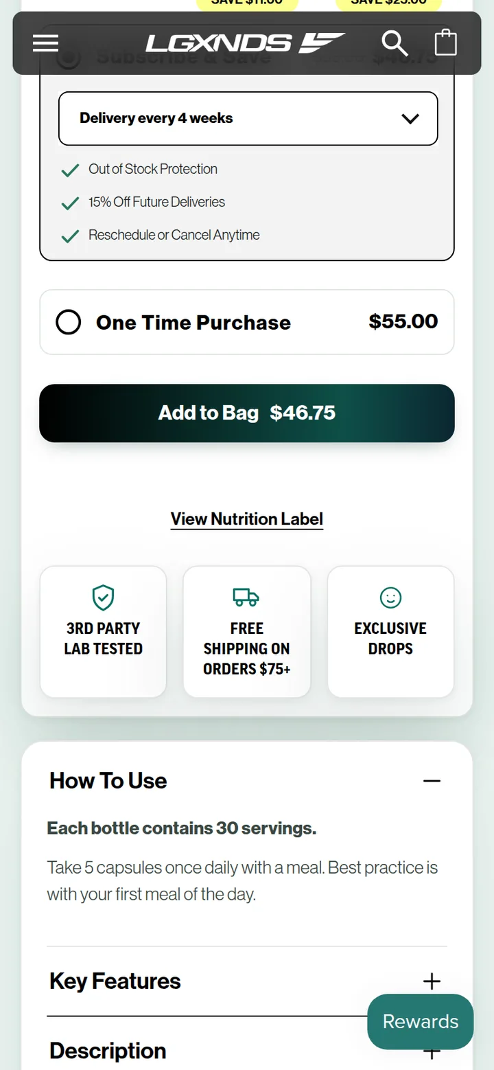The buy box on a phone: a subscription option, a one-time purchase, Add to Bag and three trust badges