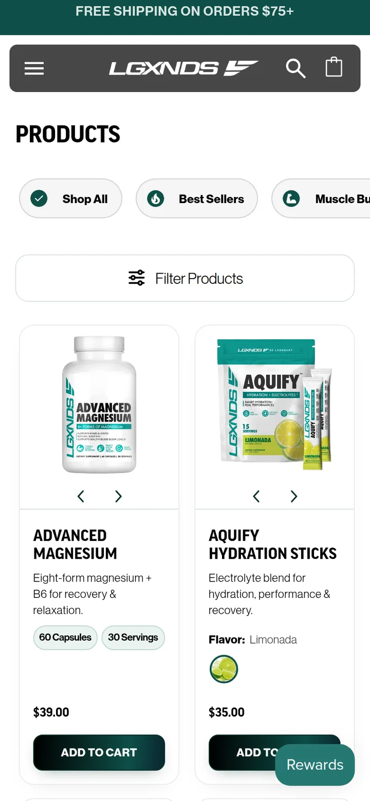 A collection page on a phone with filter pills, a Filter Products button and product cards with Add to cart