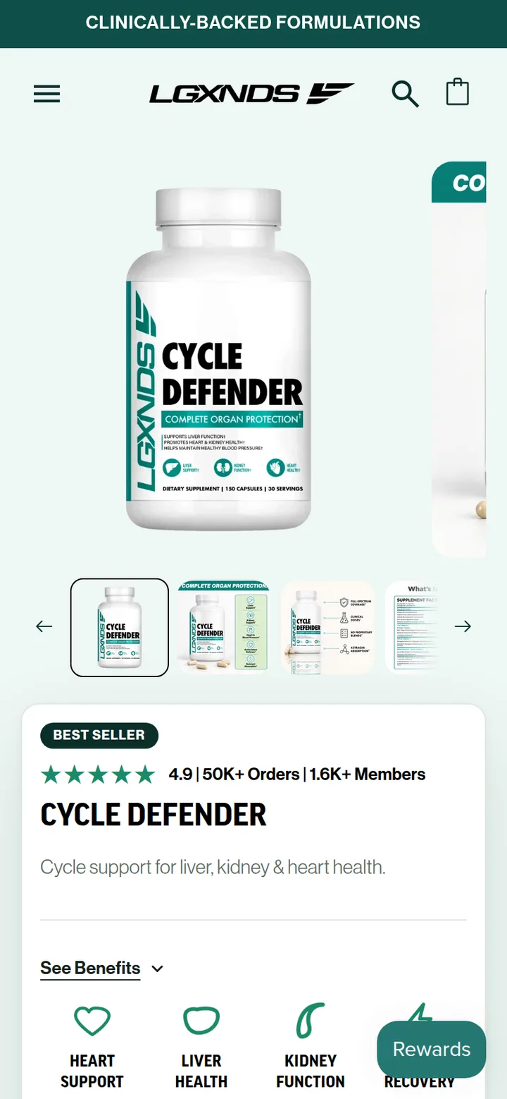 The Cycle Defender product page on a phone: the gallery and thumbnails, the rating and the product title