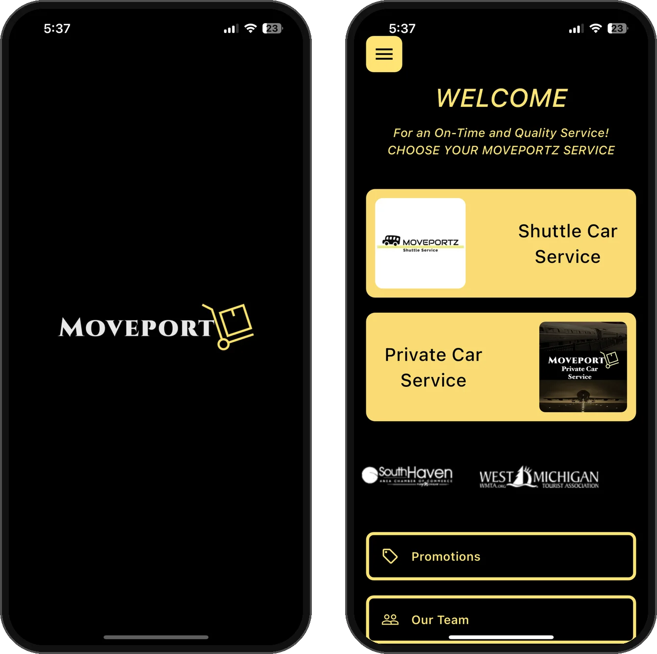 Two MovePortz app screens from its App Store listing: the black launch screen with the MovePortz logo, and the Welcome screen to choose the Shuttle Car or Private Car service