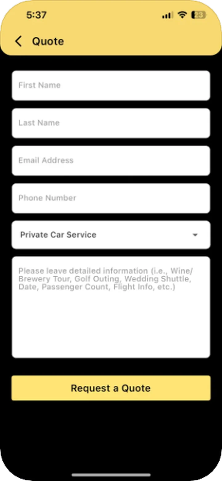 The Quote screen: fields for first name, last name, email and phone, a Private Car Service choice, a box for trip details and a Request a Quote button