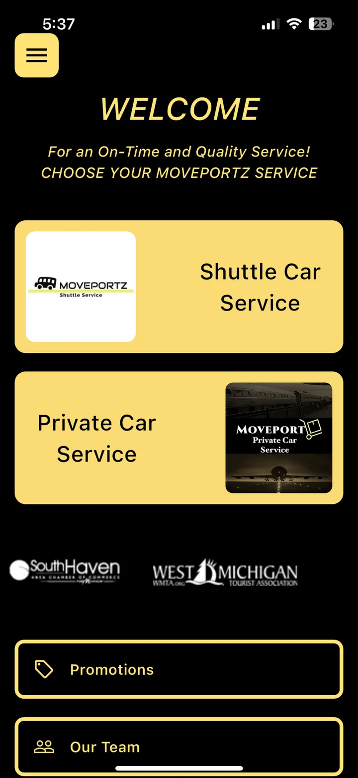 The welcome screen: a Shuttle Car Service button, a Private Car Service button, and Promotions and Our Team buttons