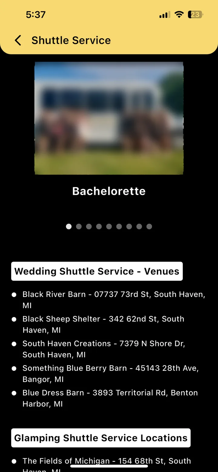 The Shuttle Service screen: a photo carousel above the wedding shuttle venues and the glamping shuttle locations