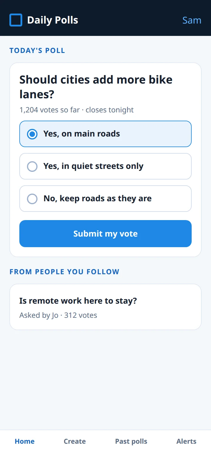 Illustrative home screen: today's poll with three answers and a vote button