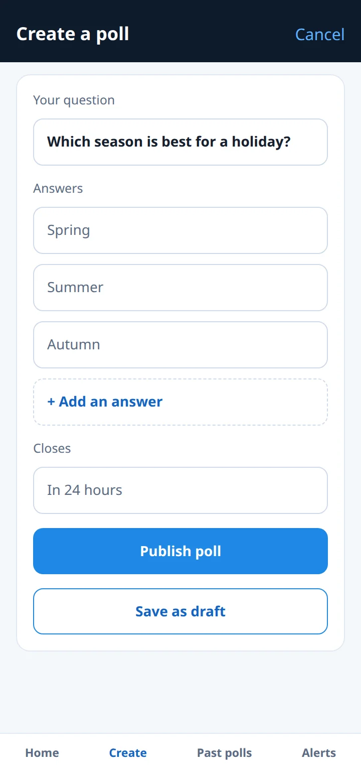 Illustrative create screen: a question, three answers and a publish button