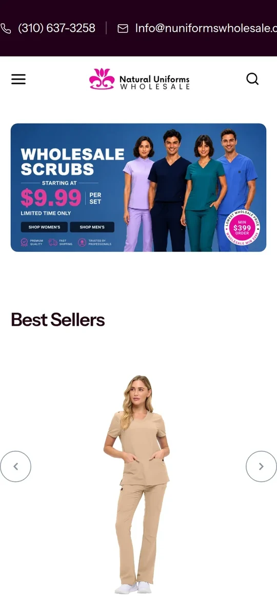 The Natural Uniforms Wholesale home page on a phone: the Wholesale Scrubs banner and the start of the Best Sellers