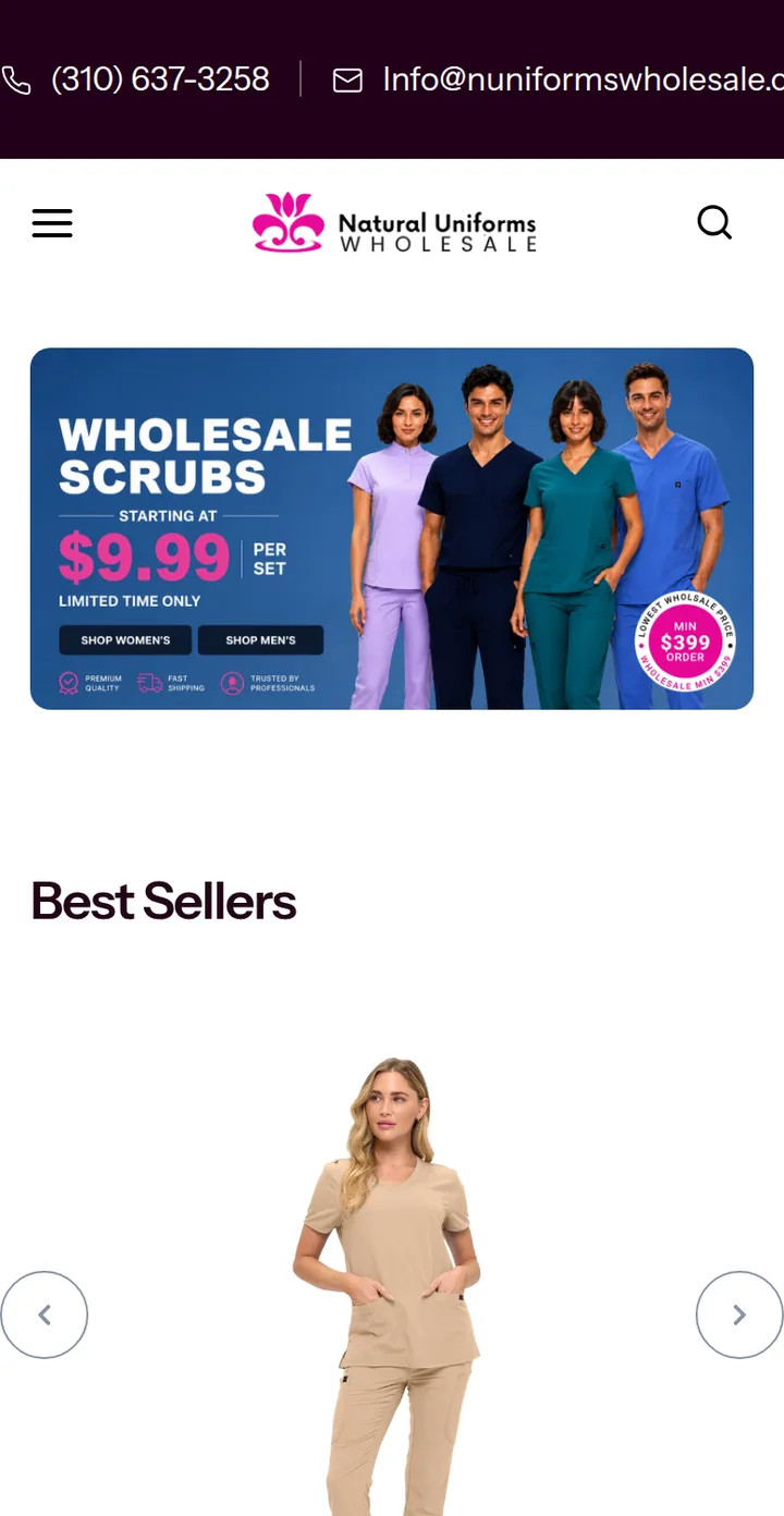 The store home page on a phone: the Wholesale Scrubs banner and the start of the Best Sellers