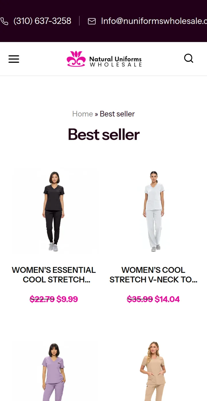 The Best seller category page: scrub tops and trousers with their prices