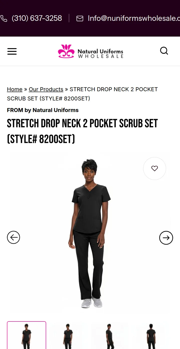 A scrub set product page, with the product pictures and a link to each view