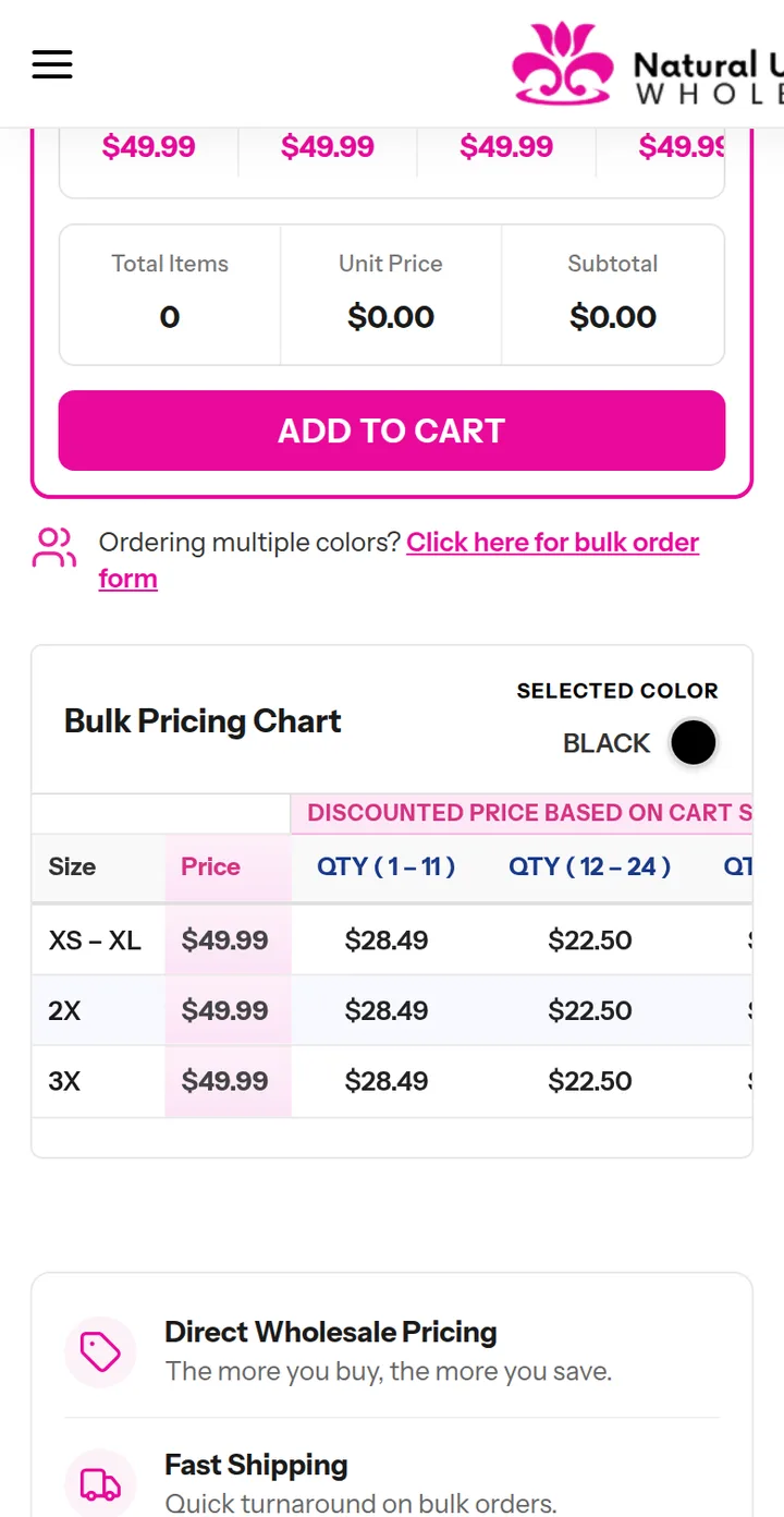 The product details: the bulk order form with total items, unit price and subtotal, and the bulk pricing chart