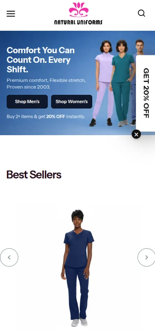 The Natural Uniforms home page on a phone: the banner, the 20% off offer and the start of Best Sellers