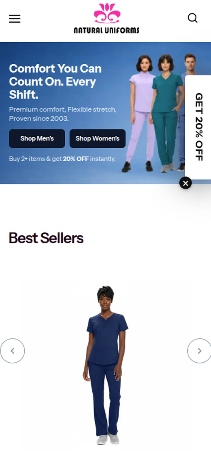 The home page on a phone: the banner Comfort You Can Count On. Every Shift., the 20% off offer and the start of Best Sellers