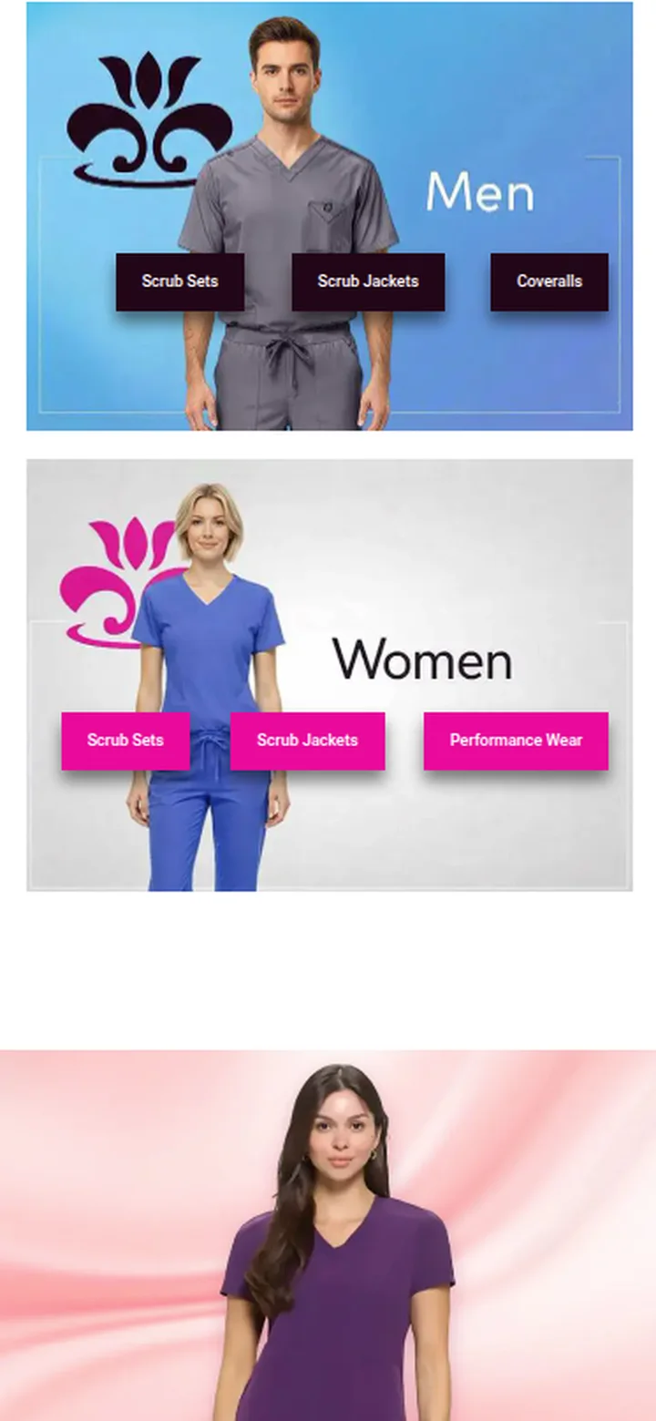 The Men and Women collections, each with links to scrub sets, scrub jackets and more