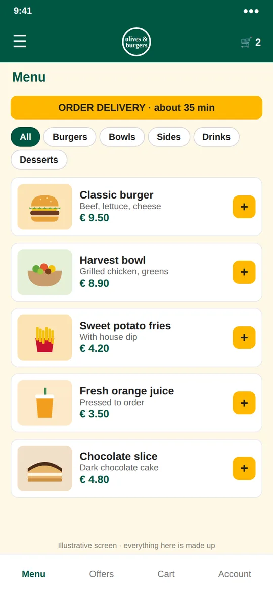 An illustrative Olives & Burgers menu on a phone: an Order delivery bar, category filters and sample dishes with prices