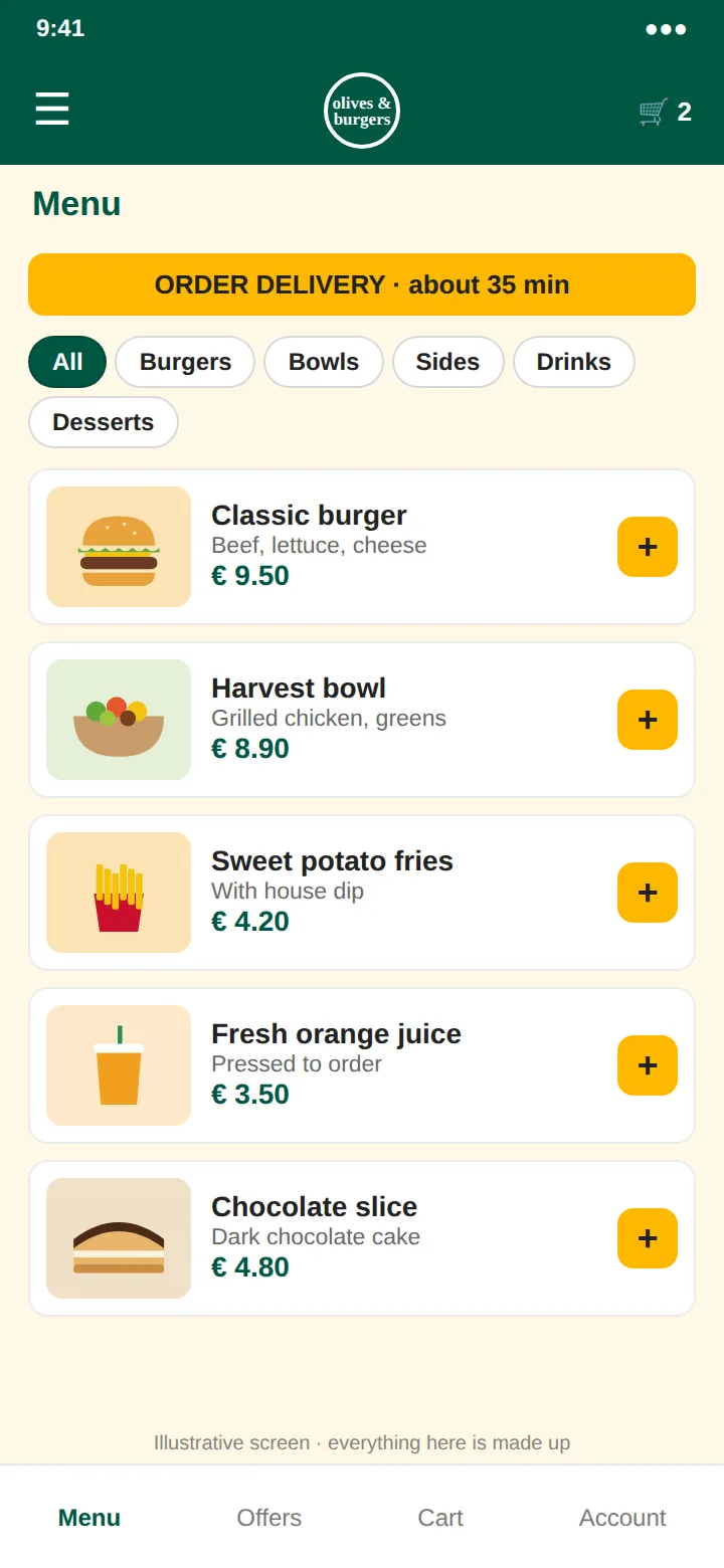 An illustrative menu: an Order delivery bar, category filters and sample dishes with prices