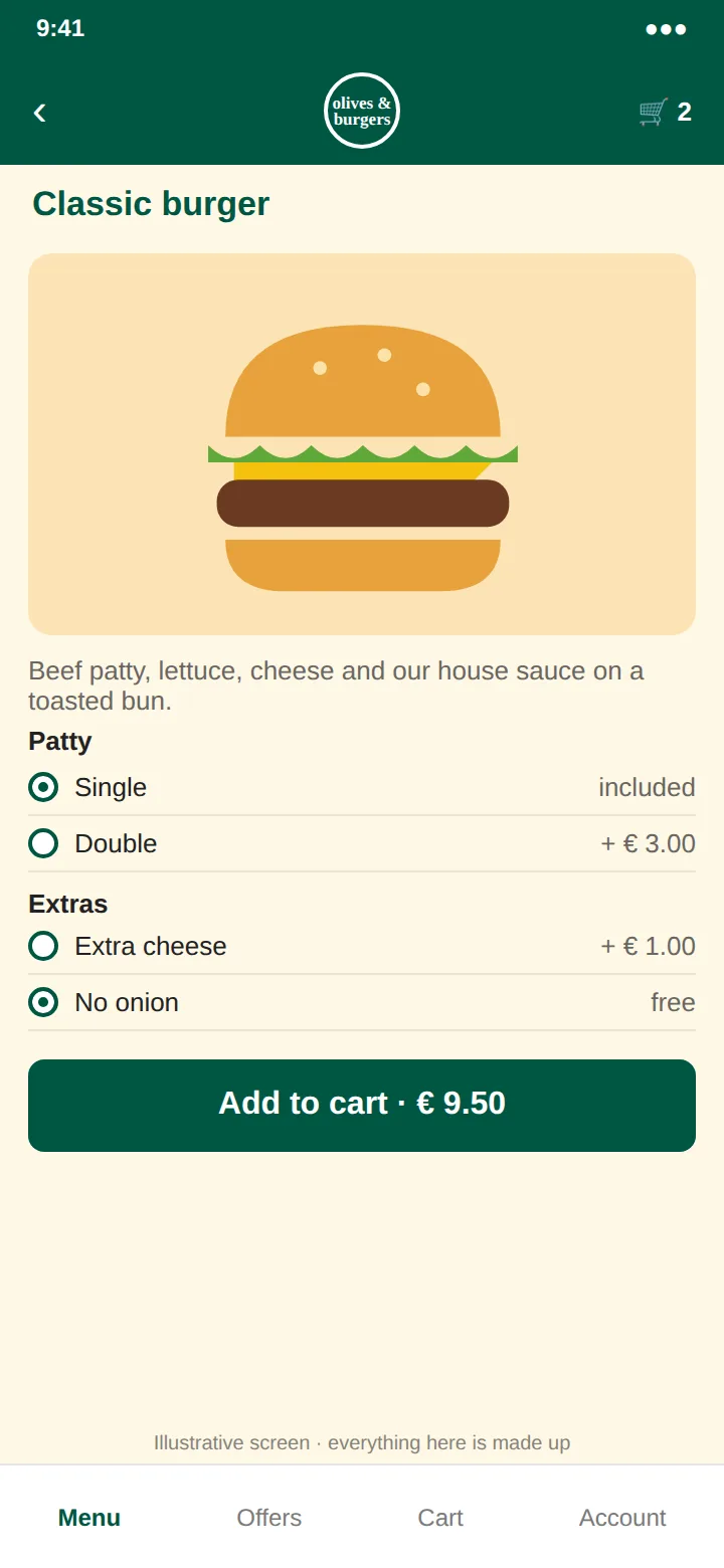 An illustrative burger page: a photo-style drawing, patty and extras options, and an Add to cart button