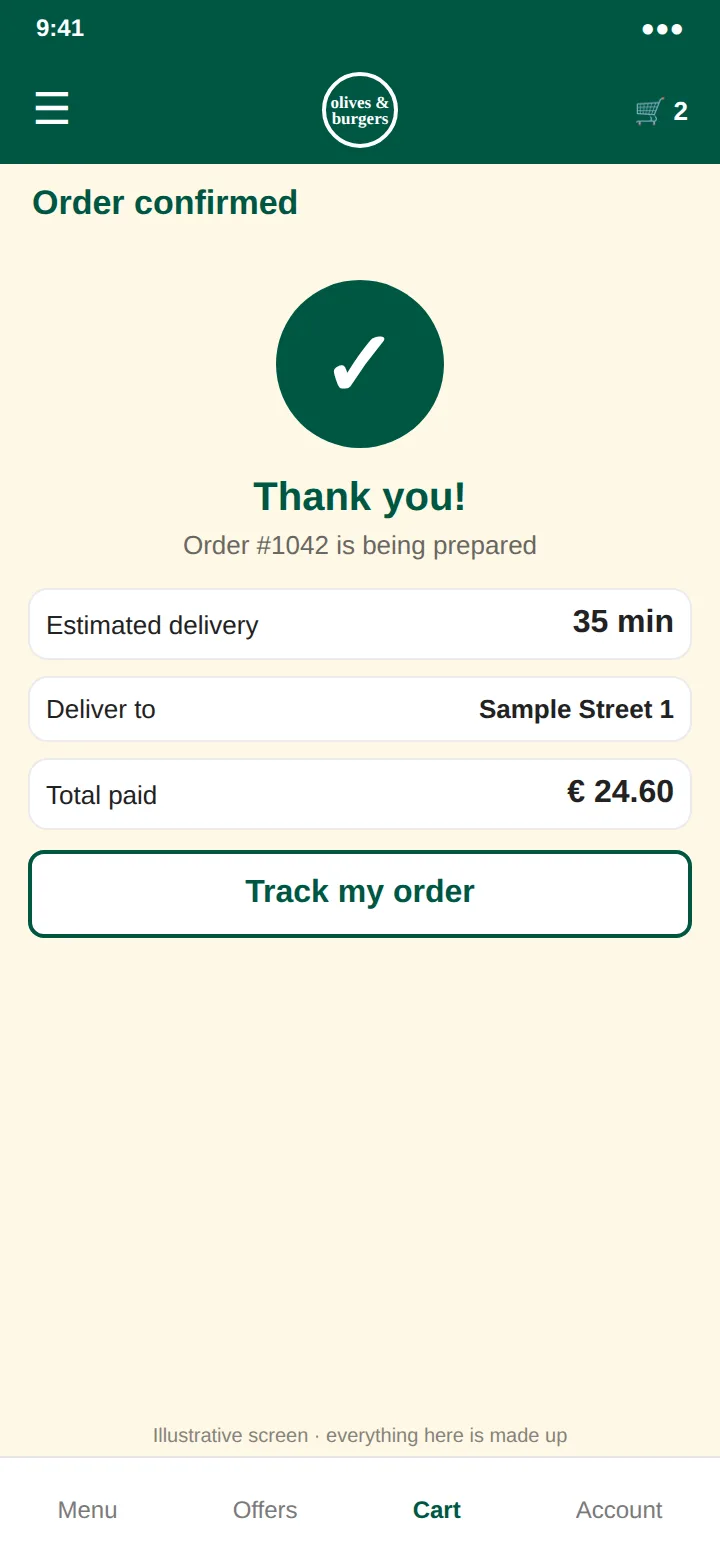 An illustrative order confirmed screen: a tick, a sample order number and an estimated delivery time