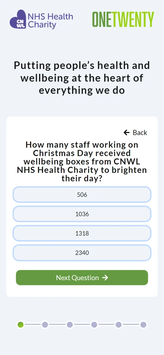 A charity survey on OneTwenty: one question per screen, with Back, Next and progress dots