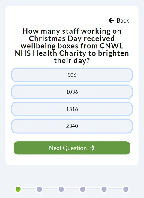A survey question with four answers, Back, Next Question and progress dots