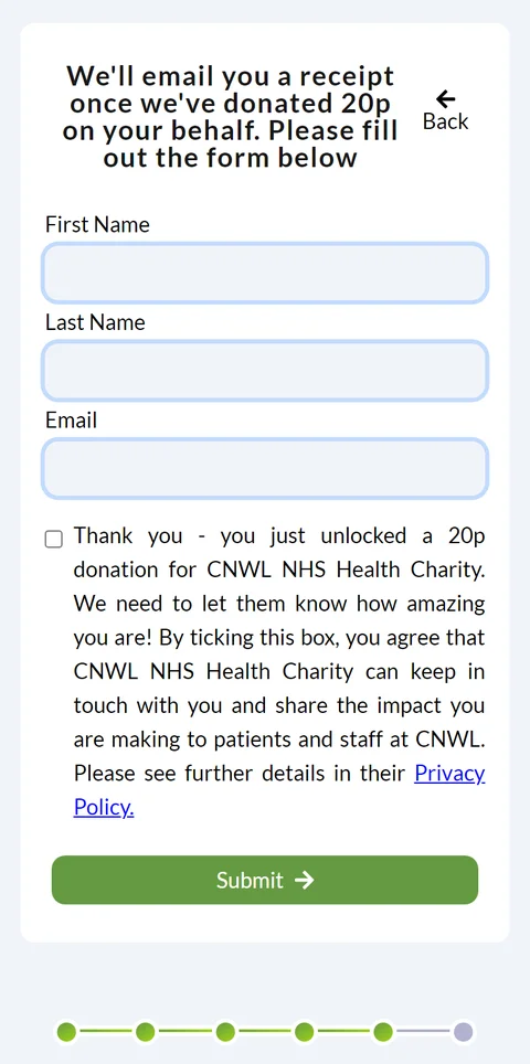 The last step: name and email for the 20p receipt, and the charity's consent tick box with its privacy policy link