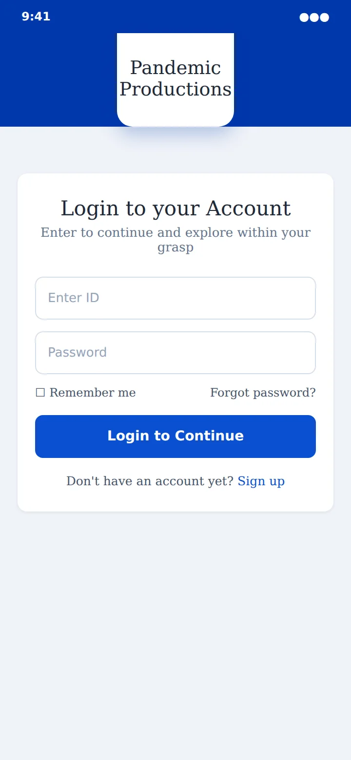 The sign-in screen: Login to your Account, with ID and password fields, Remember me, Forgot password and a Sign up link