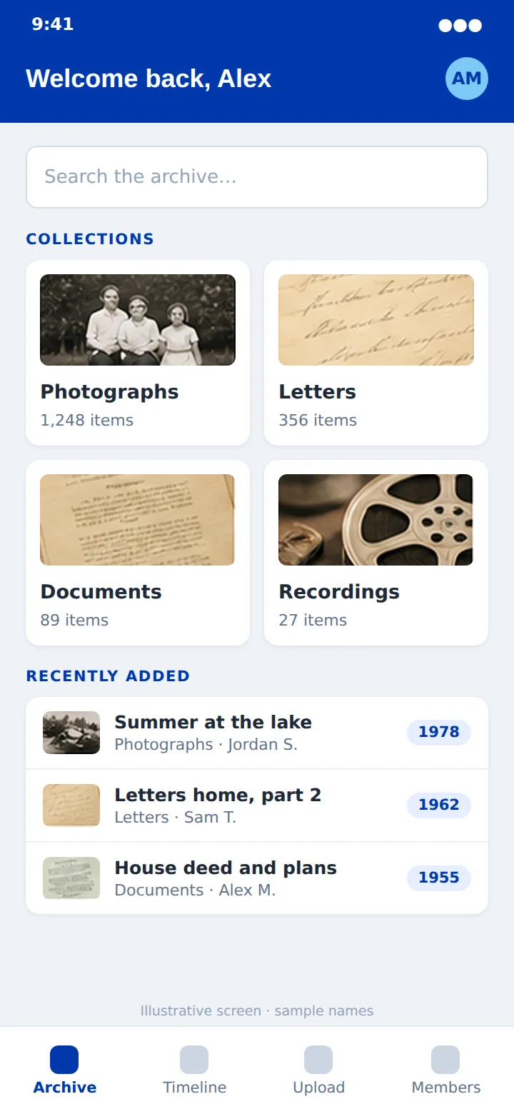 An illustrative archive home: a search box, collections of photographs, letters, documents and recordings, and recently added items, with sample names