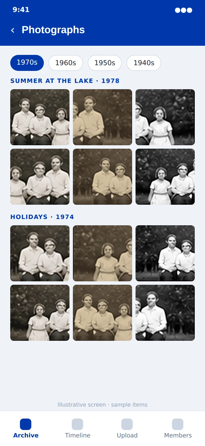 An illustrative photographs collection: albums by decade, with sample black-and-white family photos