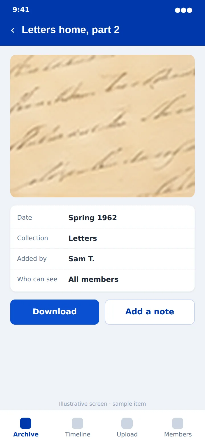 An illustrative item: a scanned letter with its date, collection, who added it and who can see it, and Download and Add a note buttons
