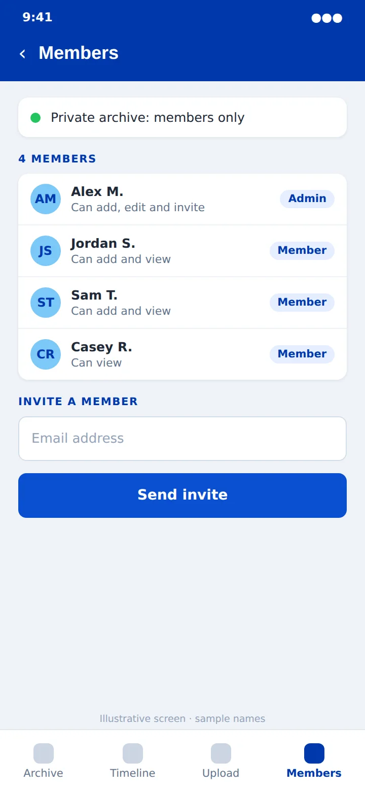 An illustrative members screen: four members with sample names and their roles, and an Invite a member form