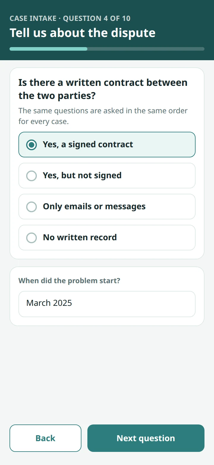 An illustrative intake screen: question 4 of 10, asking whether there is a written contract, with four answers to choose from