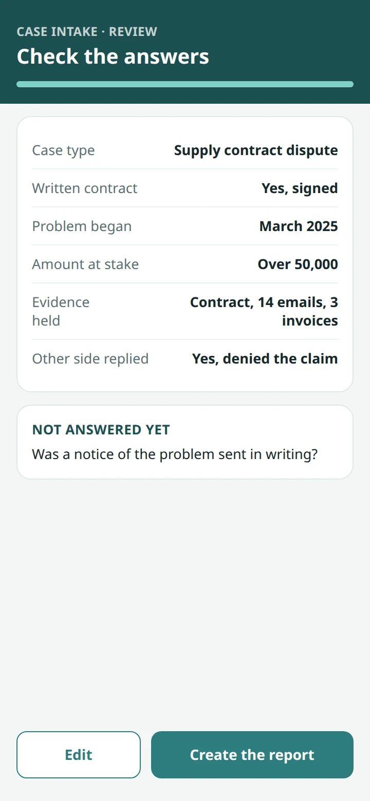 An illustrative review screen listing the answers given, and one question not yet answered