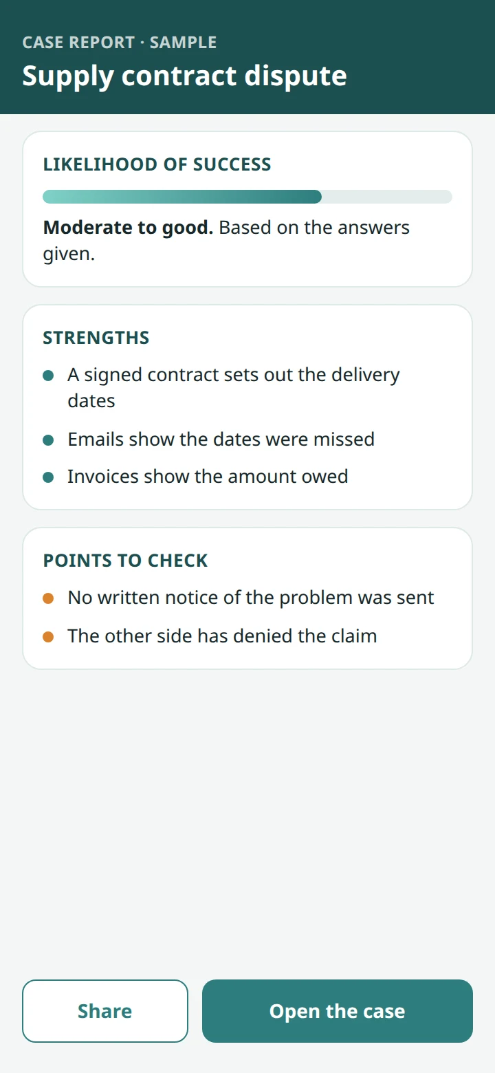 An illustrative case report: a likelihood of success bar, the strengths of the case and the points to check