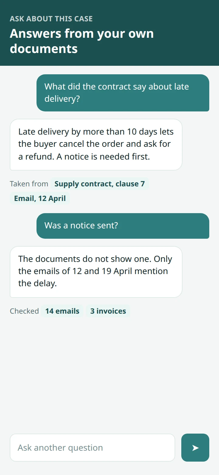 An illustrative question screen: two questions about the case, each answered with the documents it came from