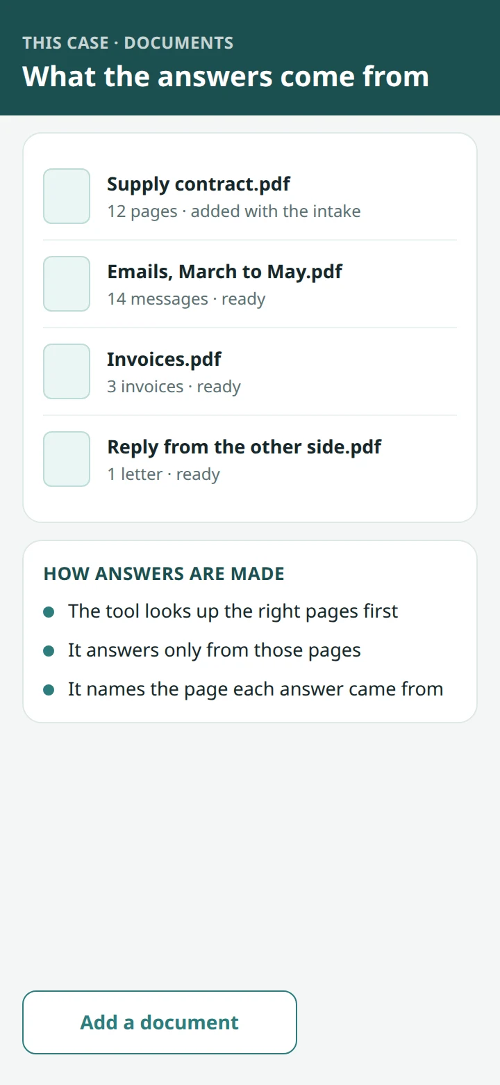 An illustrative screen listing the documents the answers come from, and how an answer is made