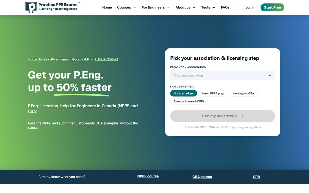 The homepage Provis designed: Get your P.Eng. up to 50% faster, with a form to pick your association and licensing step