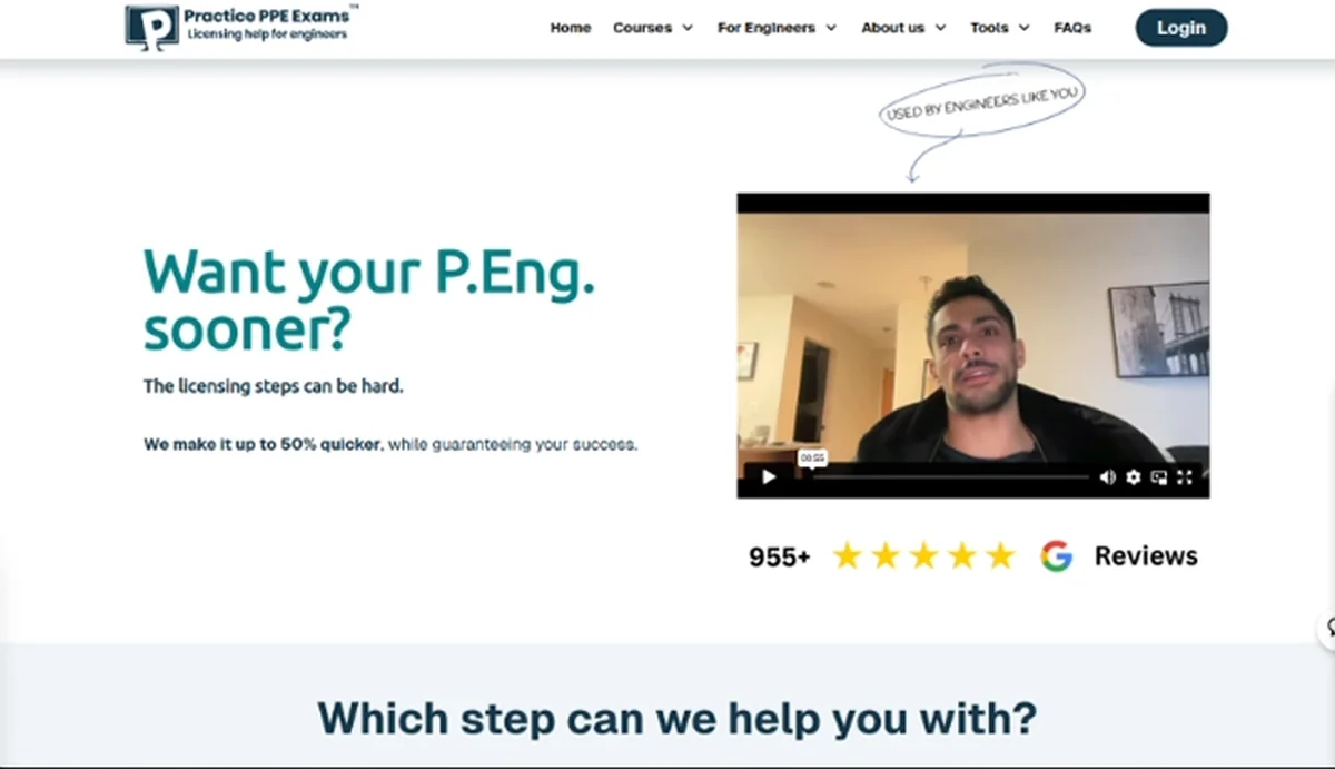 The earlier practiceppeexams.ca homepage: Want your P.Eng. sooner? with a video and 955+ Google reviews
