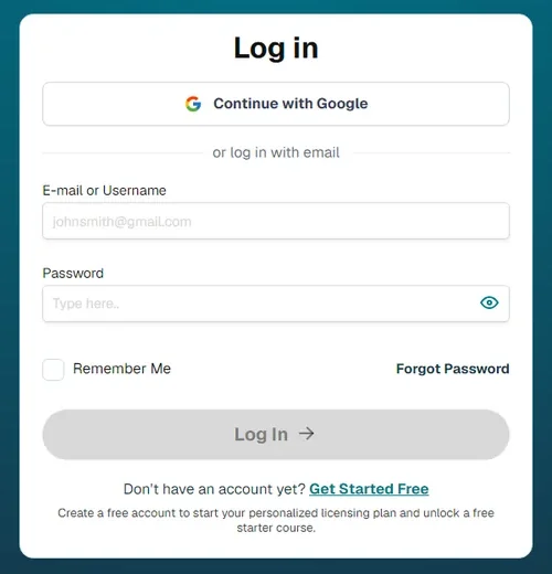 The login: Continue with Google, or log in with email; Get Started Free