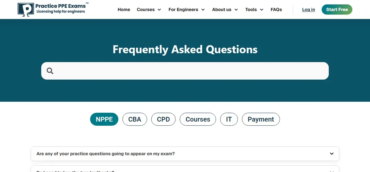 The FAQs page: a search box and topic filters for NPPE, CBA, CPD, courses, IT and payment
