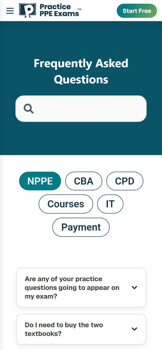 Help and FAQs on a phone: a search box and topic filters for NPPE, CBA, CPD, courses, IT and payment