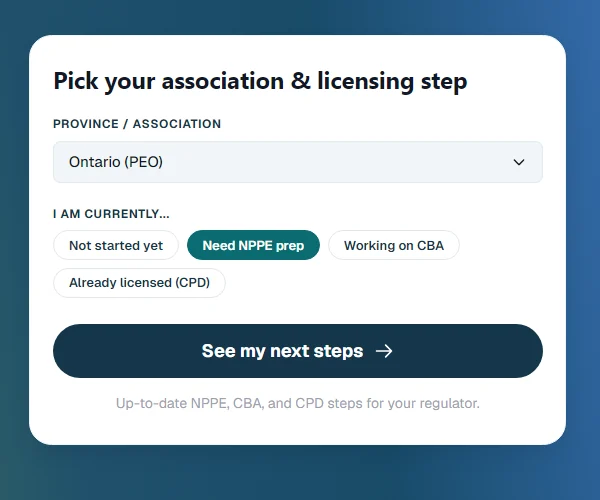 The selector filled in: Ontario (PEO), Need NPPE prep, See my next steps