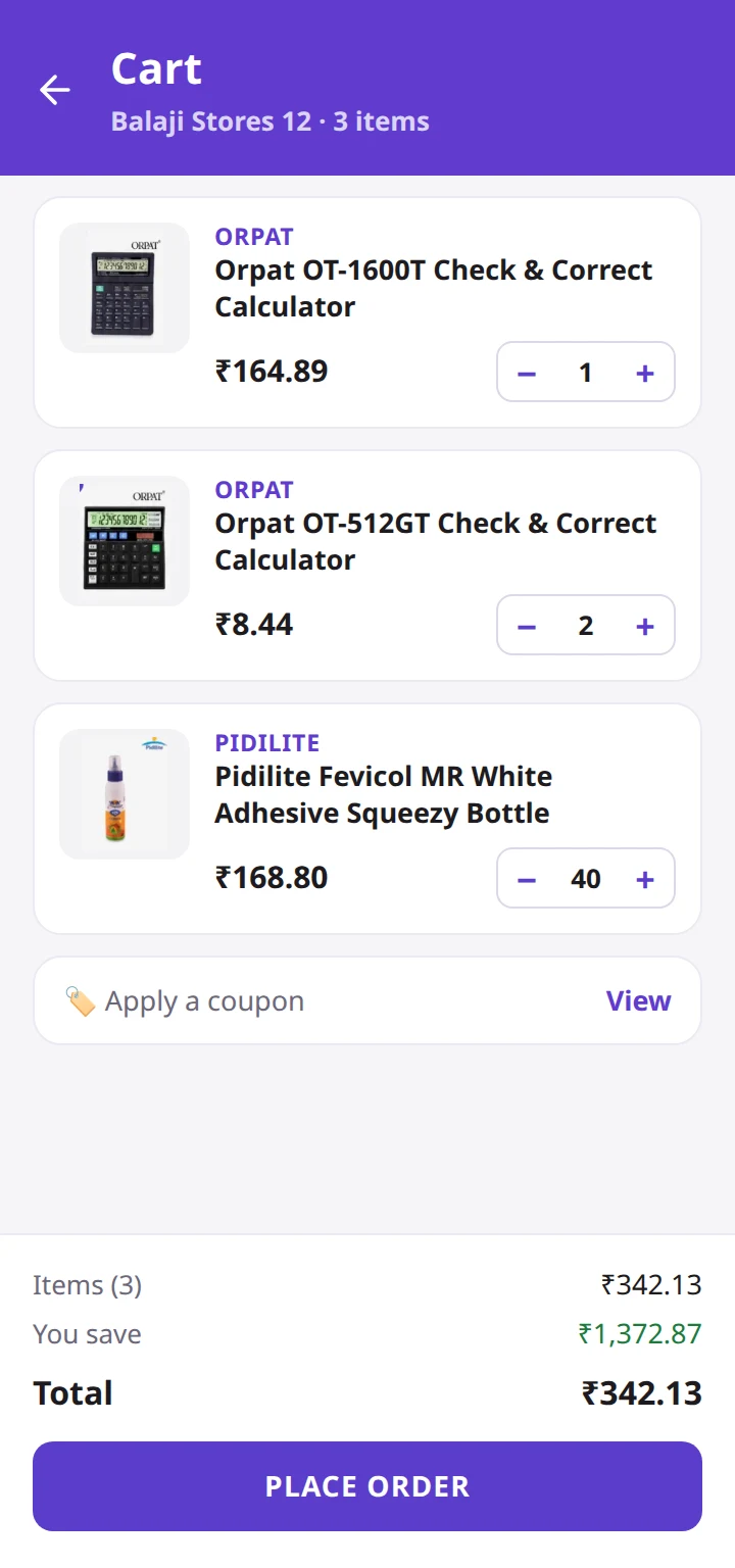 The cart for Balaji Stores 12: two Orpat calculators and Pidilite Fevicol, quantities, the saving and Place order