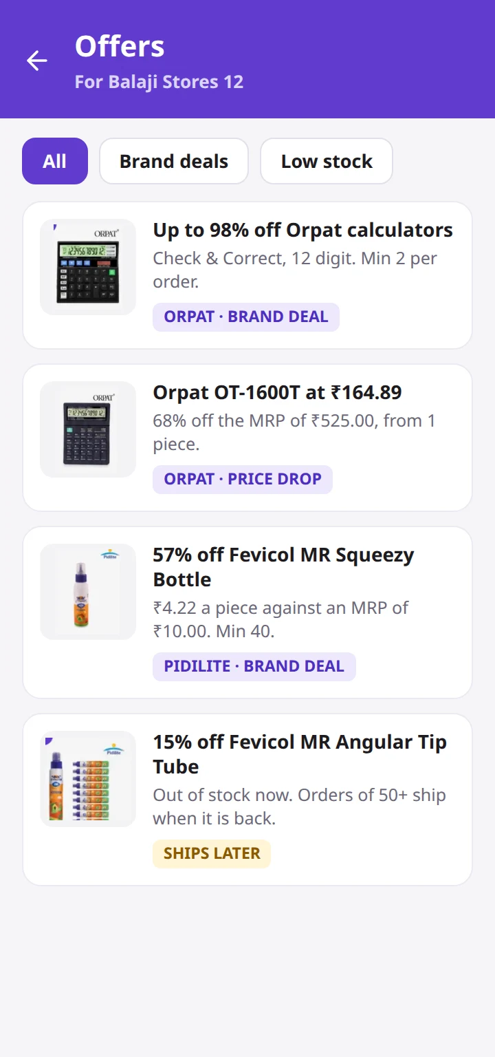 Offers for the shop: Orpat and Pidilite brand deals, a price drop and an item that ships later