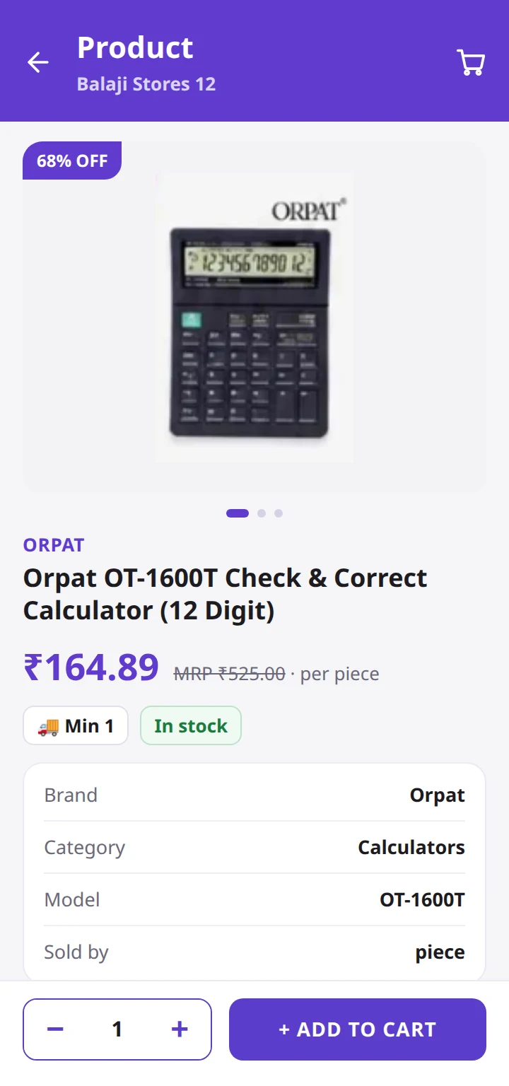 A product page in Sales Flow: the Orpat OT-1600T calculator with 68% off, price, MRP, minimum order, stock, brand, category and Add to cart