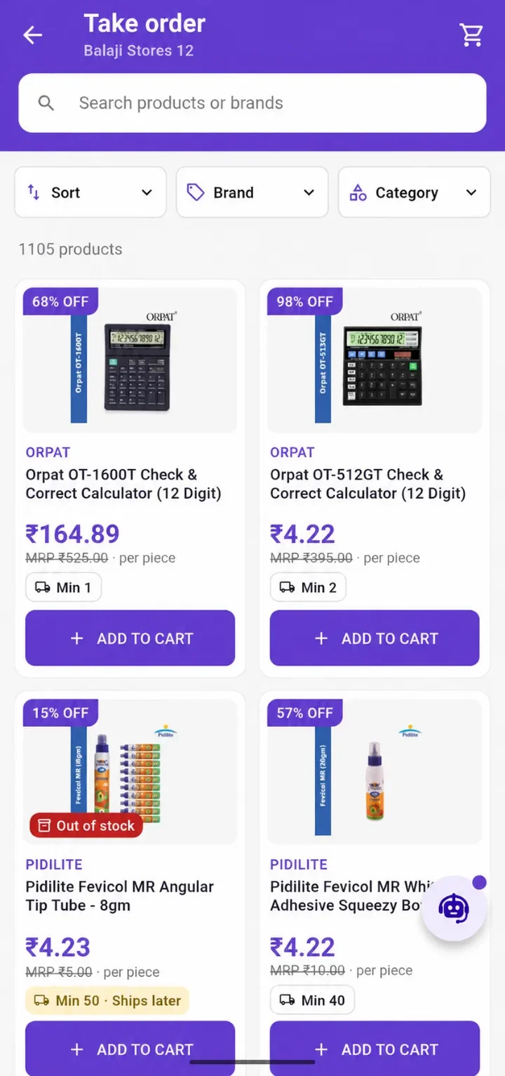 Sales Flow Take order: search, sort, brand and category filters, and real products with discount, price, MRP, minimum order, stock and Add to cart