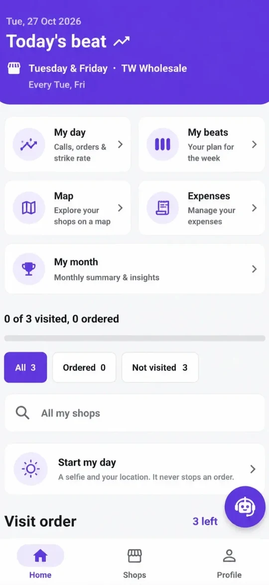 The Sales Flow app home screen: Today's beat, with My day, My beats, Map, Expenses and My month, the shops to visit and Start my day