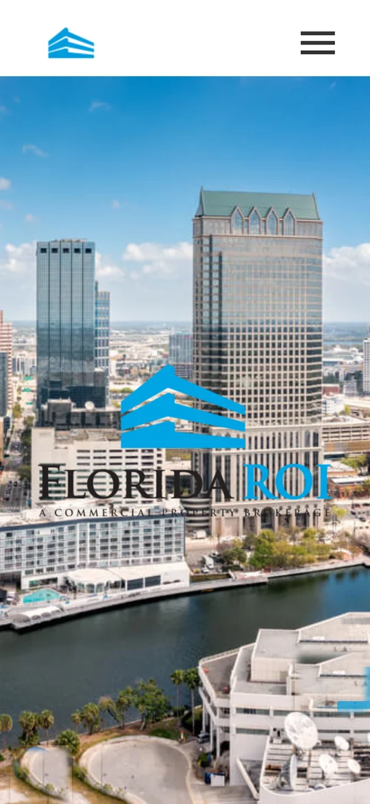The Florida ROI home page on a phone: the logo over the Tampa skyline, with the menu button above