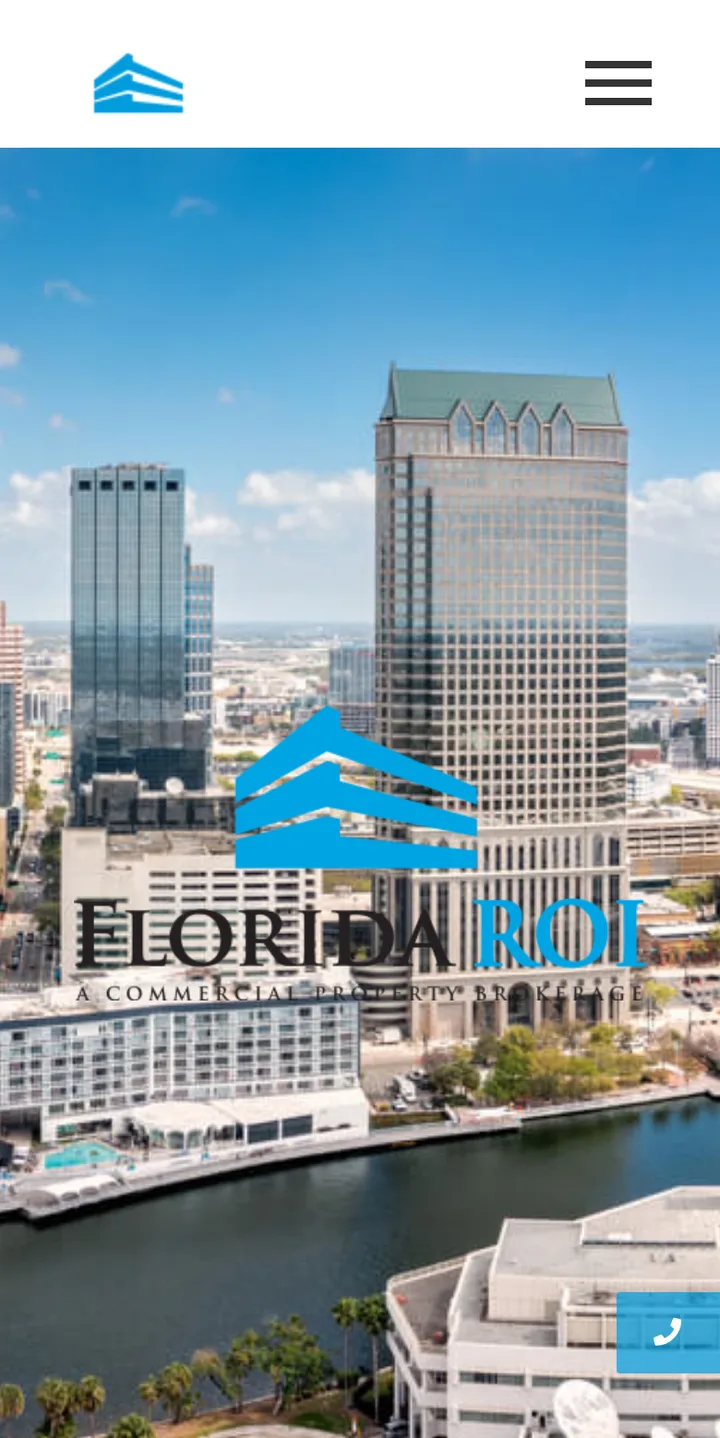 The home page on a phone: the Florida ROI logo over the Tampa skyline, with a floating call button